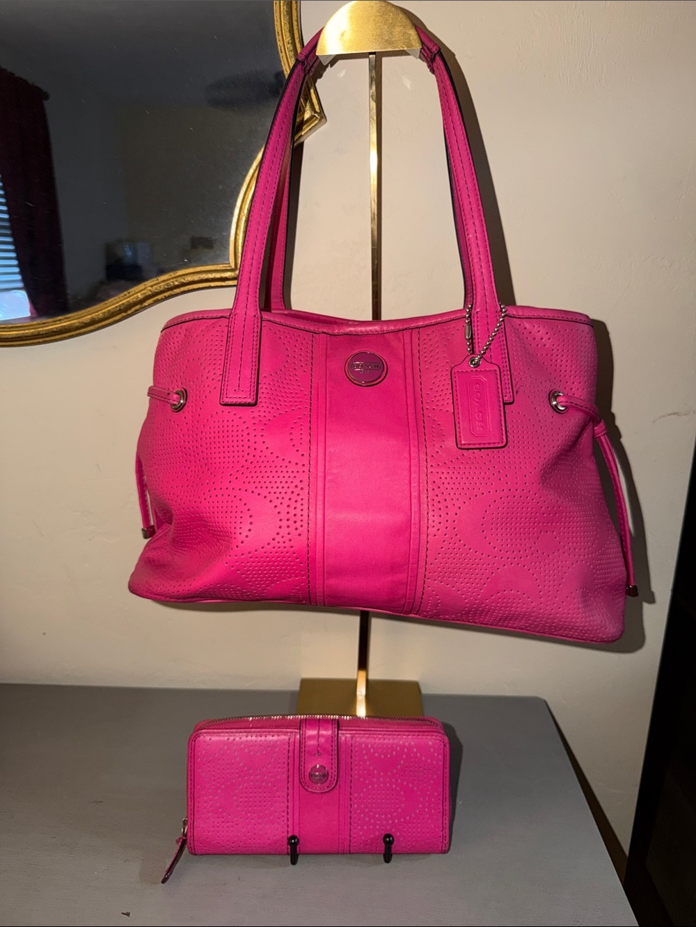 Coach Hot Pink Perforated Leather Tote with Matching Wallet